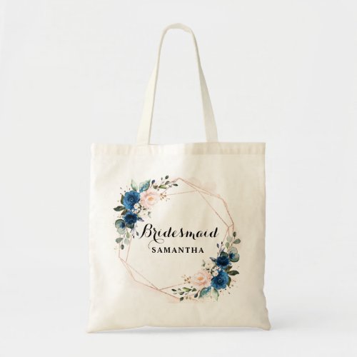 Navy Blue Blush Pink Rose Botanical Geometric Gift Tote Bag