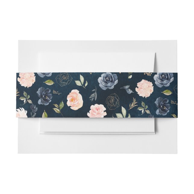 Navy Blue Blush Pink Rose Botanical Invitation Belly Band (Front Example)