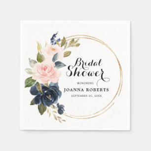 Navy Blue Blush Pink Rose Botanical Napkins