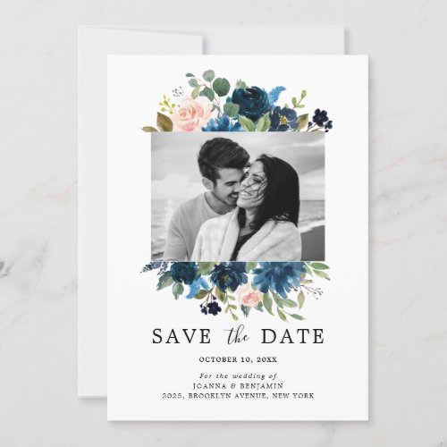 Navy Blue Blush Pink Rose Botanical Photo Save The Date