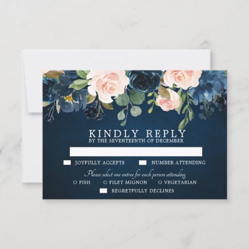 Navy Blue Blush Pink Rose Botanical RSVP Card