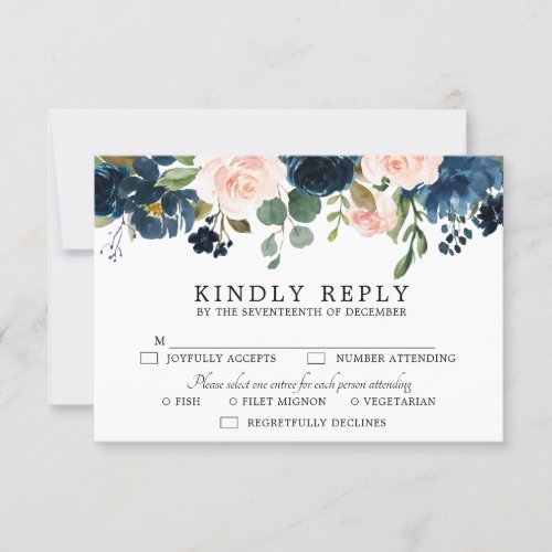 Navy Blue Blush Pink Rose Botanical RSVP Card