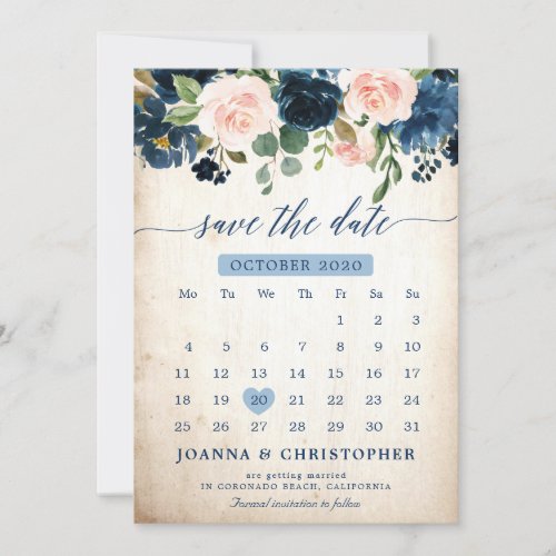 Navy Blue Blush Pink Rose Botanical Save the Date