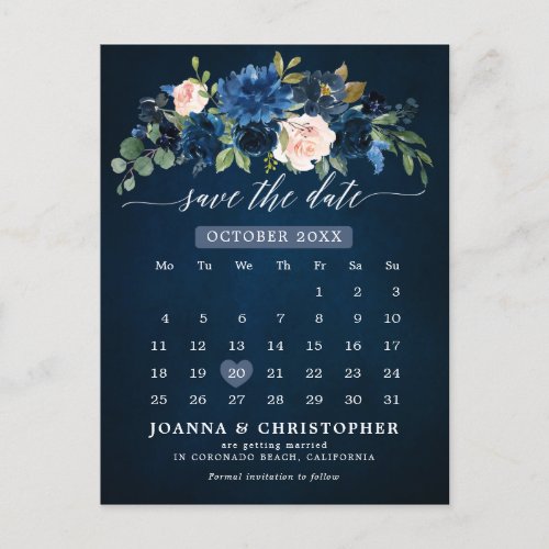 Navy Blue Blush Pink Rose Botanical Save the Date Announcement Postcard