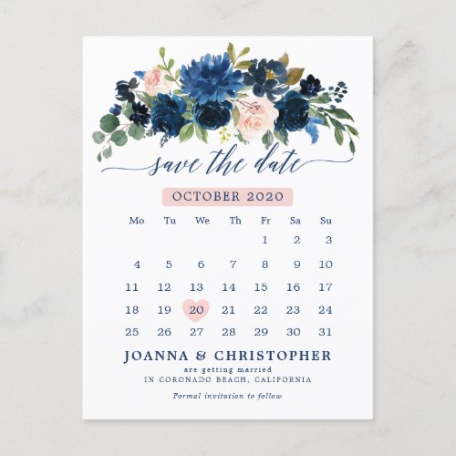 Navy Blue Blush Pink Rose Botanical Save the Date Announcement Postcard