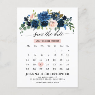 Navy Blue Blush Pink Rose Botanical Save the Date Announcement Postcard