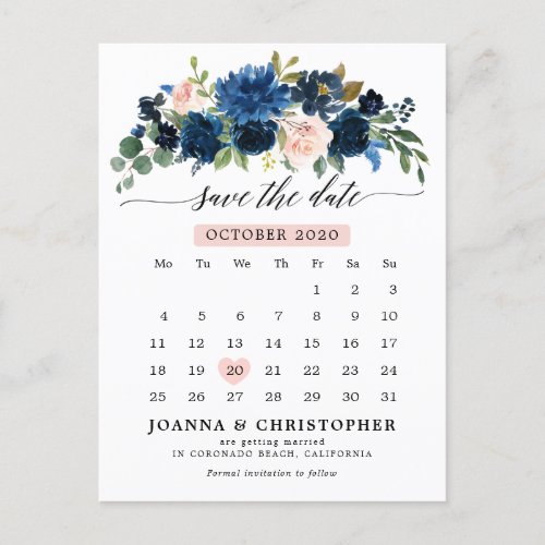 Navy Blue Blush Pink Rose Botanical Save the Date Announcement Postcard