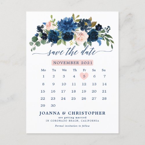 Navy Blue Blush Pink Rose Botanical Save the Date Announcement Postcard