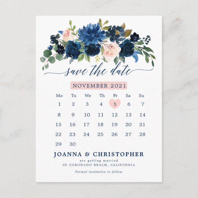 Navy Blue Blush Pink Rose Botanical Save the Date Announcement Postcard (Front)