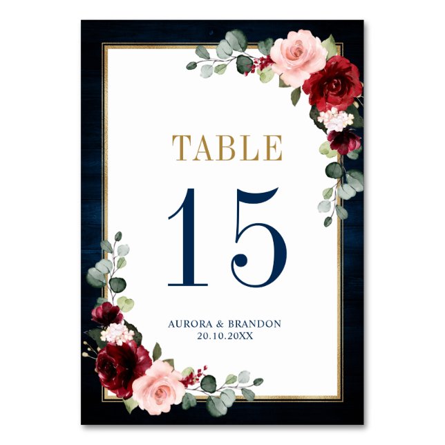 Navy Blue Blush Pink Rose Botanical Table Number (Front)