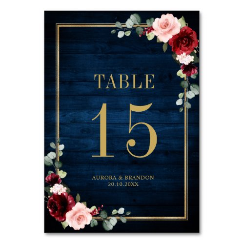 Navy Blue Blush Pink Rose Botanical Table Number