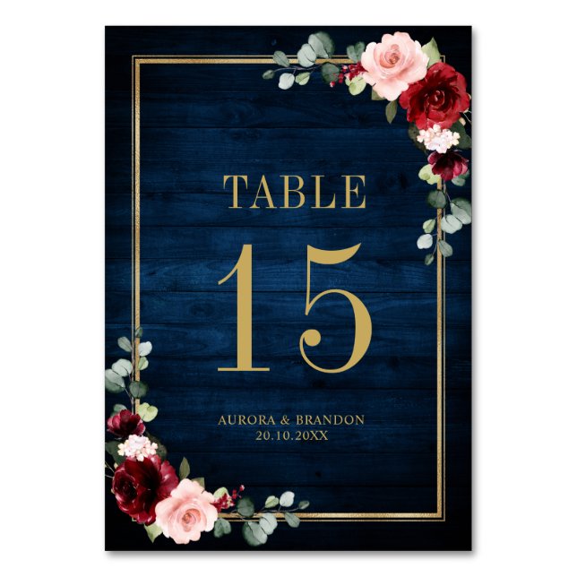 Navy Blue Blush Pink Rose Botanical Table Number (Front)