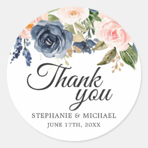 Navy Blue Blush Pink Rose Botanical Thank You Classic Round Sticker