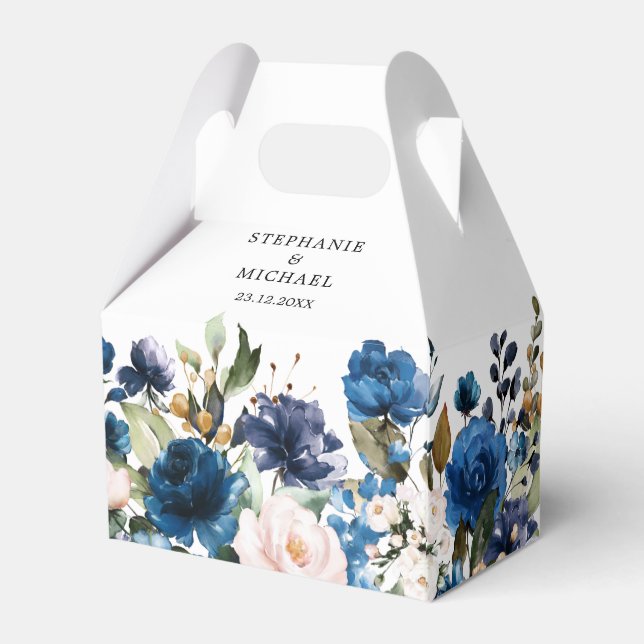 Navy Blue Blush Pink Rose Botanical wedding Favor Boxes (Back Side)
