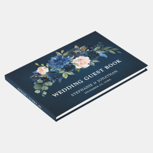 Navy Blue  Blush Pink Rose Botanical Wedding Guest Book