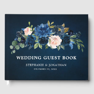 Navy Blue Blush Pink Rose Botanical Wedding Guest Book