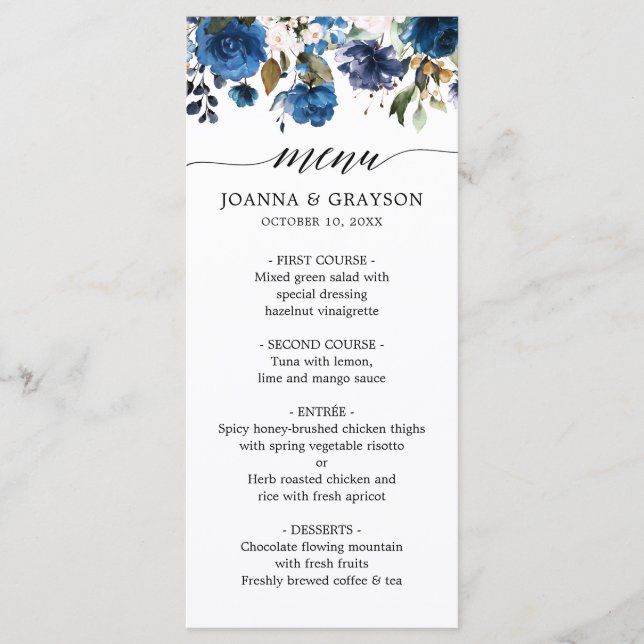 Navy Blue Blush Pink Rose Botanical wedding Menu (Front)