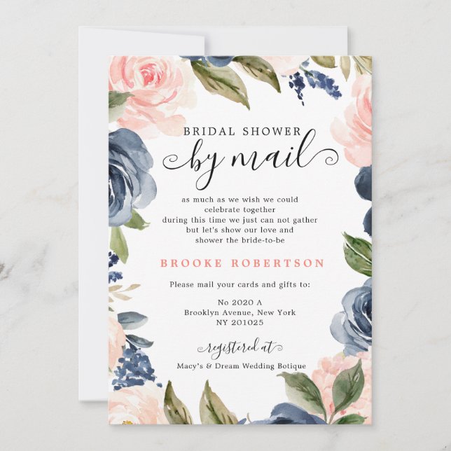 Navy Blue Blush Pink Rose Bridal Shower by mail Invitation (Front)