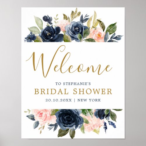 Navy Blue Blush Pink Rose Bridal Shower Welcome Po Poster