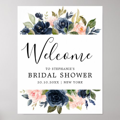 Navy Blue Blush Pink Rose Bridal Shower Welcome Poster