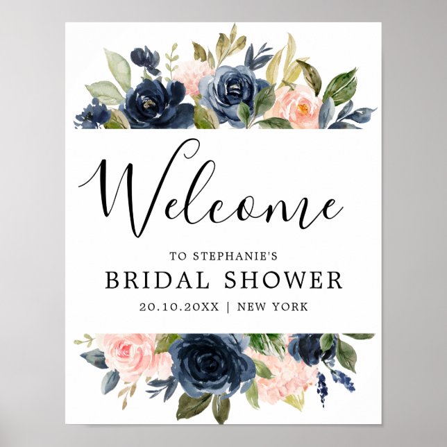 Navy Blue Blush Pink Rose Bridal Shower Welcome Poster (Front)