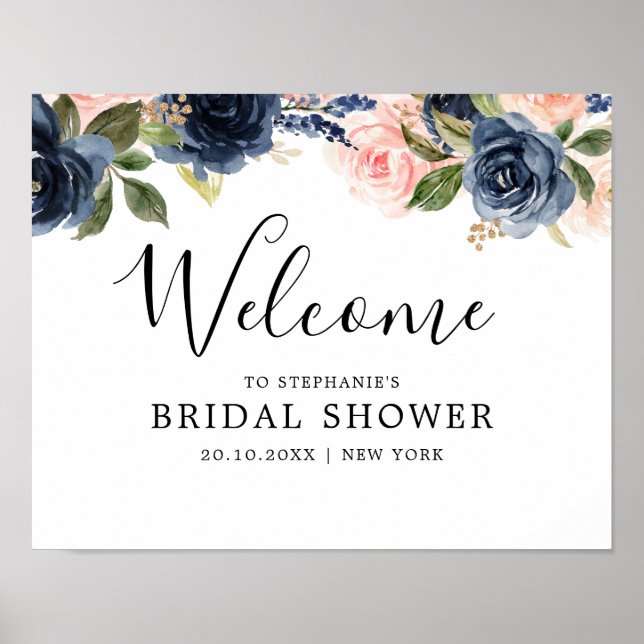 Navy Blue Blush Pink Rose Bridal Shower Welcome Poster (Front)