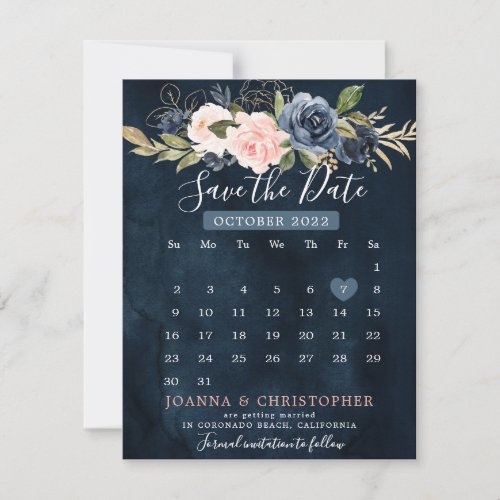 Navy Blue Blush Pink Rose Calendar Save the Date A Announcement