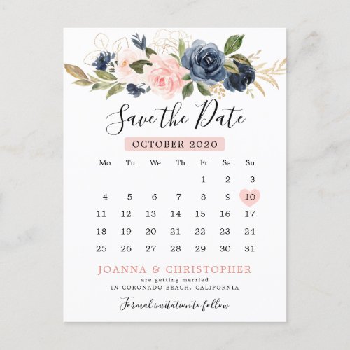 Navy Blue Blush Pink Rose Calendar Save the Date Announcement Postcard
