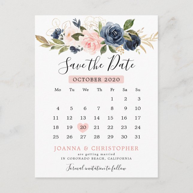 Navy Blue Blush Pink Rose Calendar Save the Date Announcement Postcard (Front)