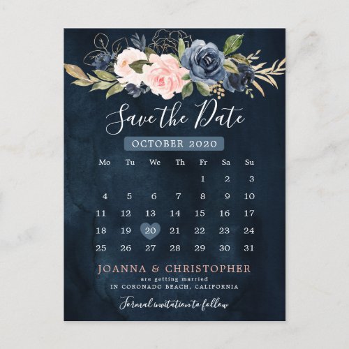 Navy Blue Blush Pink Rose Calendar Save the Date Announcement Postcard