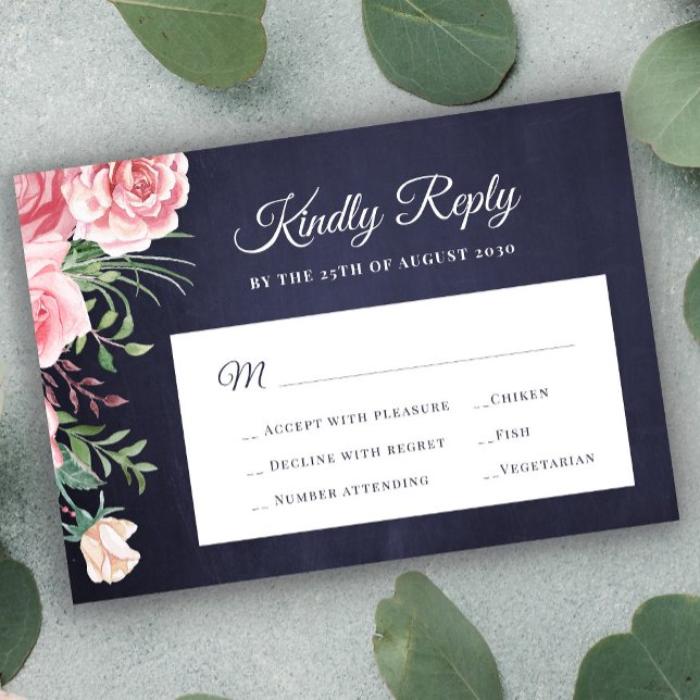 Navy blue blush pink rose chic wedding RSVP card (Creator Uploaded)