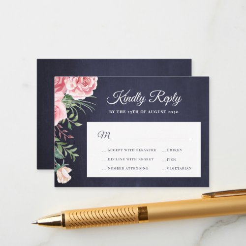 Navy blue blush pink rose chic wedding RSVP Enclosure Card