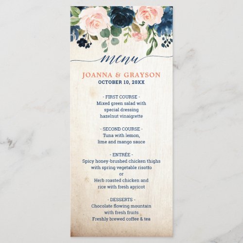 Navy Blue Blush Pink Rose Floral Boho Wedding Menu