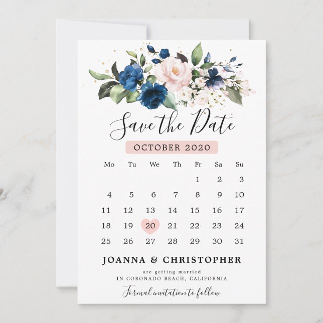 Navy Blue Blush Pink Rose Floral Calendar Save The Date (Front)