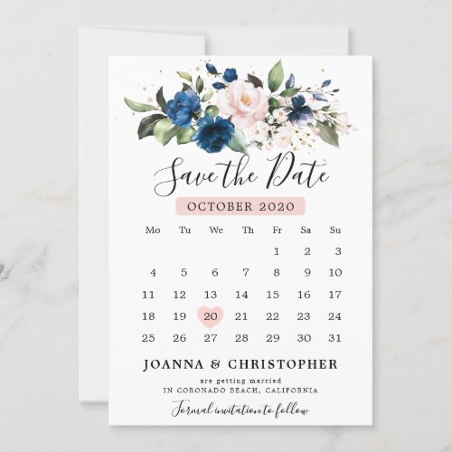 Navy Blue Blush Pink Rose Floral Calendar Save The Date