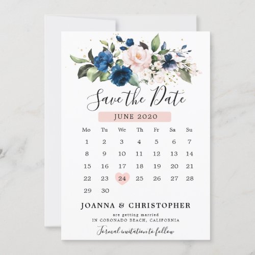 Navy Blue Blush Pink Rose Floral Calendar Save The Date