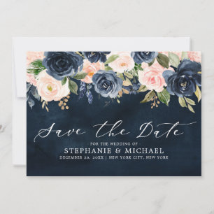 Navy Blue Blush Pink Rose Floral Save The Date