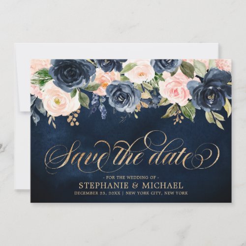 Navy Blue Blush Pink Rose Floral Save The Date
