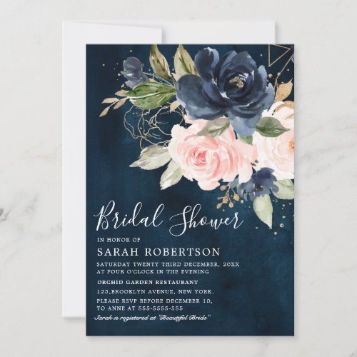 Navy Blue Blush Pink Rose Geometric Bridal Shower Invitation