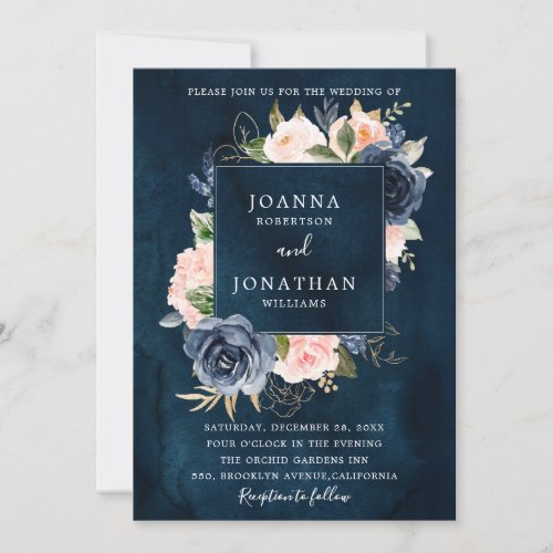 Navy Blue Blush Pink Rose Gold Boho Wedding Invitation