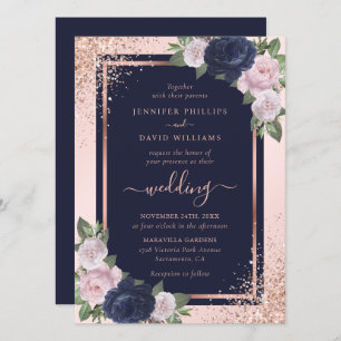 Navy Blue Blush Pink Rose Gold Floral Wedding Invitation