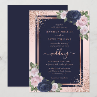 Navy Blue Blush Pink Rose Gold Floral Wedding Invitation