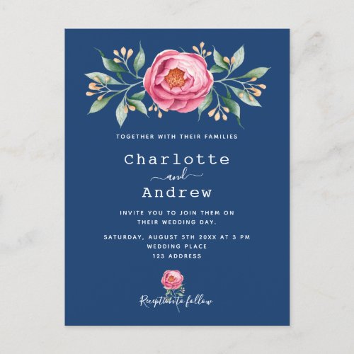 Navy Blue blush pink rose gold floral wedding Postcard