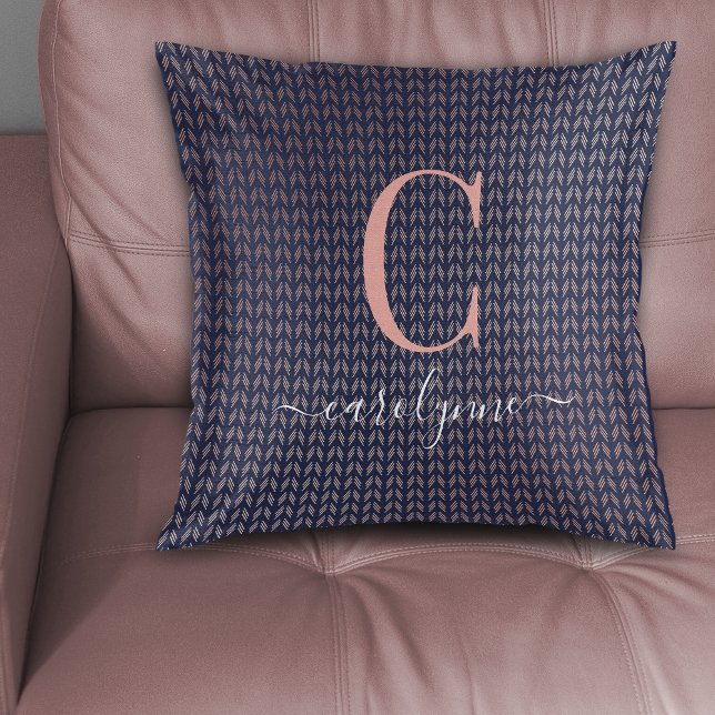 Navy Blue Blush Pink Rose Gold Foil Boho Pattern Throw Pillow (Navy Blue Blush Pink Rose Gold Foil Boho Pattern Throw Pillow)