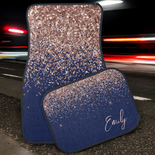 Navy Blue Blush Pink Rose Gold Glitter Monogram Car Floor Mat