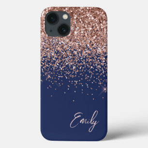Navy Blue Blush Pink Rose Gold Glitter Monogram iPhone 13 Case