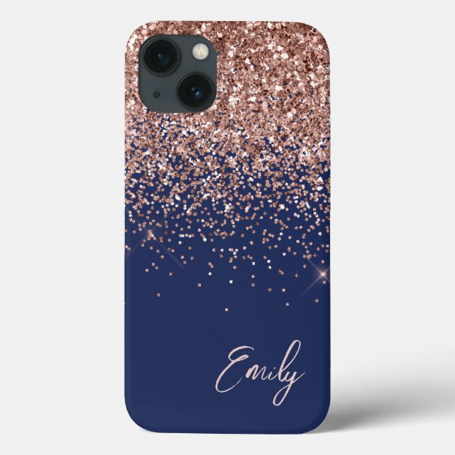 Navy Blue Blush Pink Rose Gold Glitter Monogram Case-Mate iPhone Case (Back)
