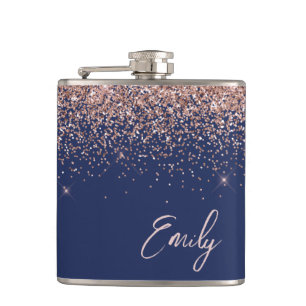 Navy Blue Blush Pink Rose Gold Glitter Monogram Flask
