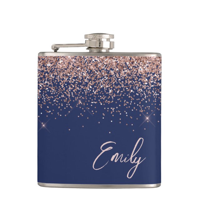 Navy Blue Blush Pink Rose Gold Glitter Monogram Flask (Front)
