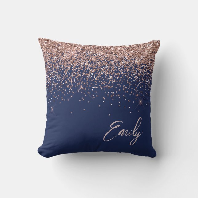 Navy Blue Blush Pink Rose Gold Glitter Monogram Throw Pillow (Front)